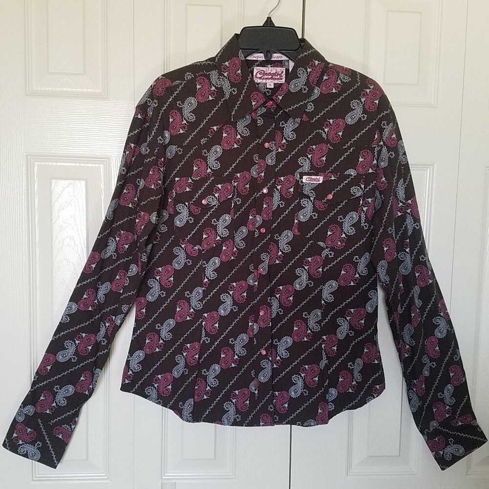 COWGIRL HARDWARE Western Shirt Paisley Cow Pink Pearl Snap Womens XL
